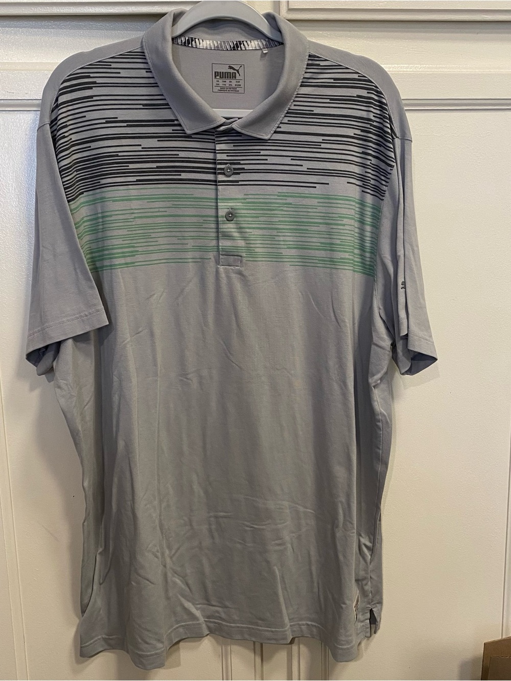 Puma Gray Polo with Black and Green Stripe Accents